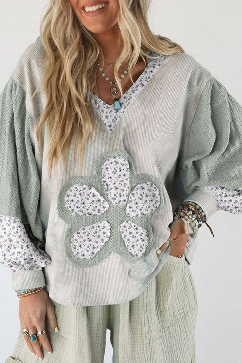 Floral Applique Patchwork V Neck Waffle Knit Drop Shoulder Long Sleeve Top